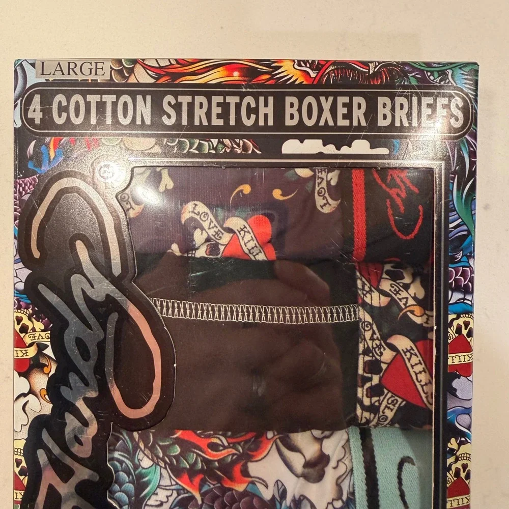 Ed Hardy Cotton Stretch Boxer Briefs 4 Pack (LG 36-38) Soft Skull Dragon Tattoo